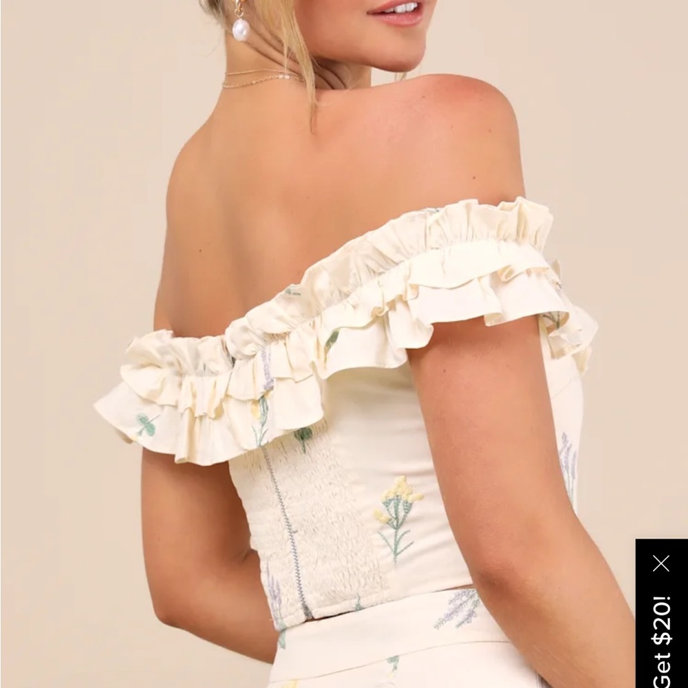 Lulus Rowena Cream Embroidered Ruffled Crop Top - Picture 6 of 6
